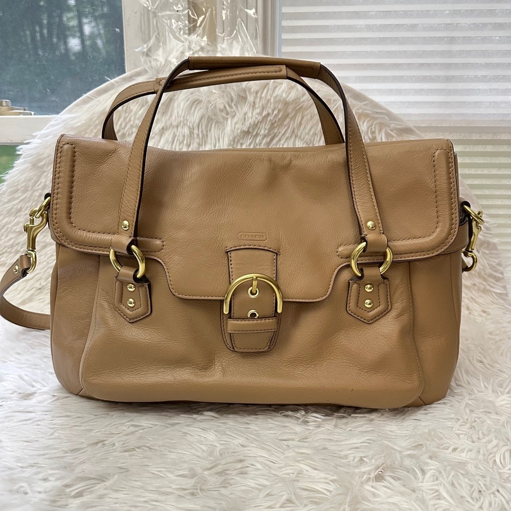 Coach Campbell Leather Eva Flap Satchel Shoulder Bag in Camel F26127